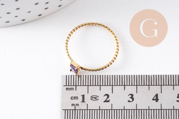 Bague Solitaire zircon rectangle Violet acier 304 inoxydable doré, x1 (G10359)