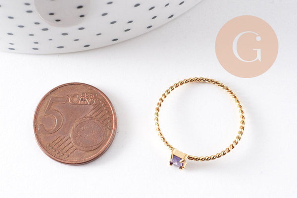 Bague Solitaire zircon rectangle Violet acier 304 inoxydable doré, x1 (G10359)