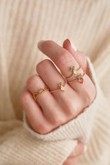Bague fruit fraise laiton doré 16K zircons, x1 (G6567)