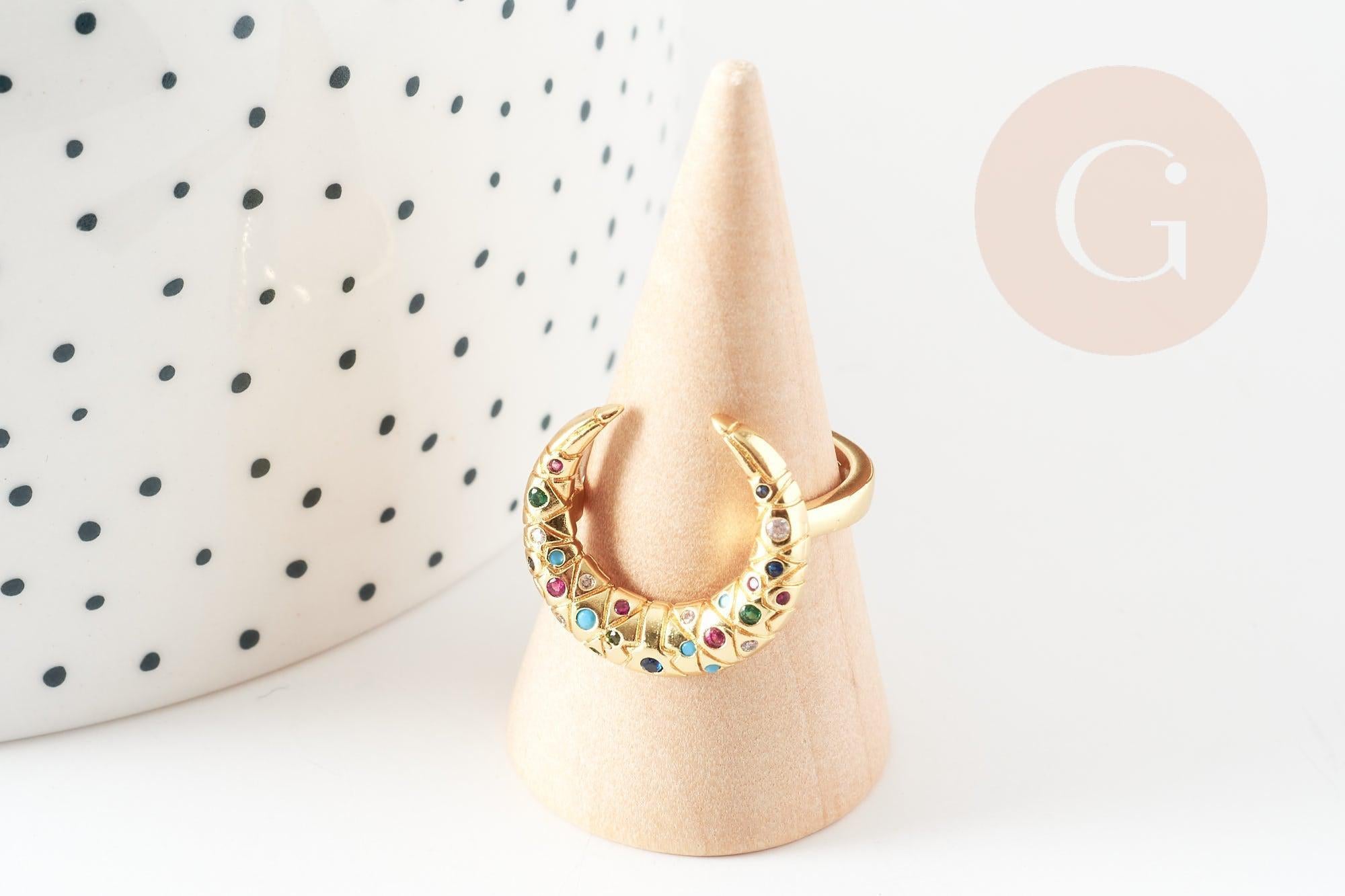 Bague laiton doré lune zircon coloré 17mm, x1 (G4256)