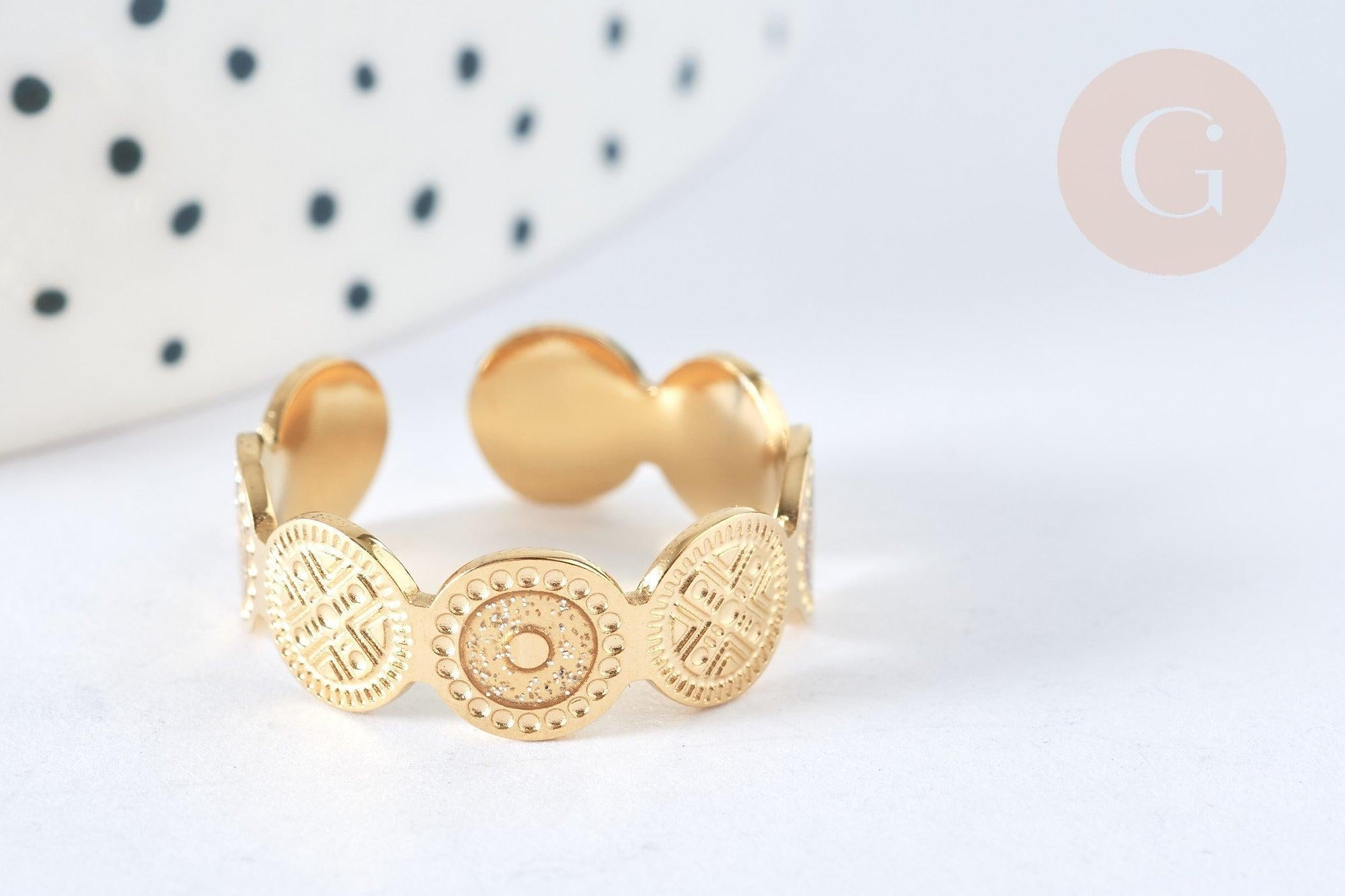 Bague réglable cercles acier inoxydable doré Taille 54, x1 (G7030)