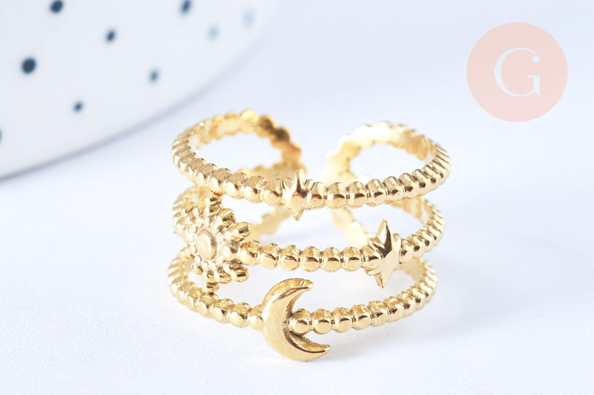 Bague réglable étoile lune acier 304 inoxydable doré taille 54, x1 (G6413)