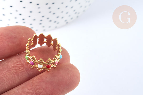 Bague réglable fantaisie acier inoxydable doré émail multicolore Taille 54, x1 (G7006)