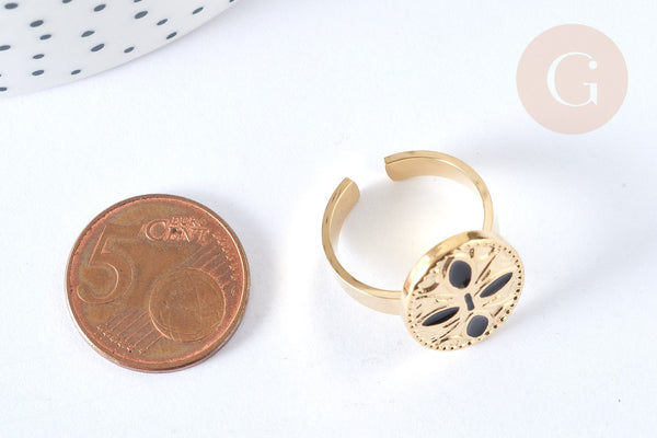 Bague réglable fleur acier inoxydable doré émail noir Taille 54, x1 (G7028)