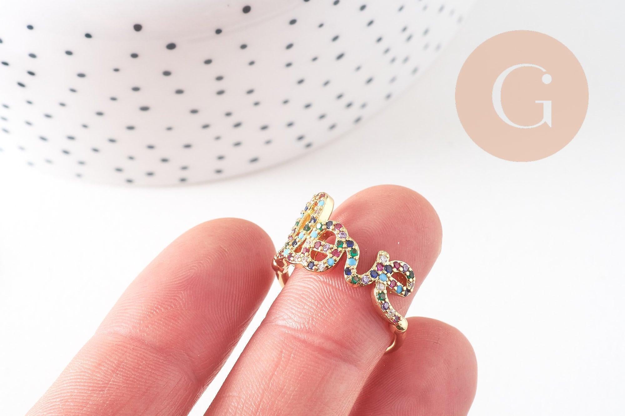 Bague réglable laiton doré LOVE zircons colorés 17mm, x1 (G4329)