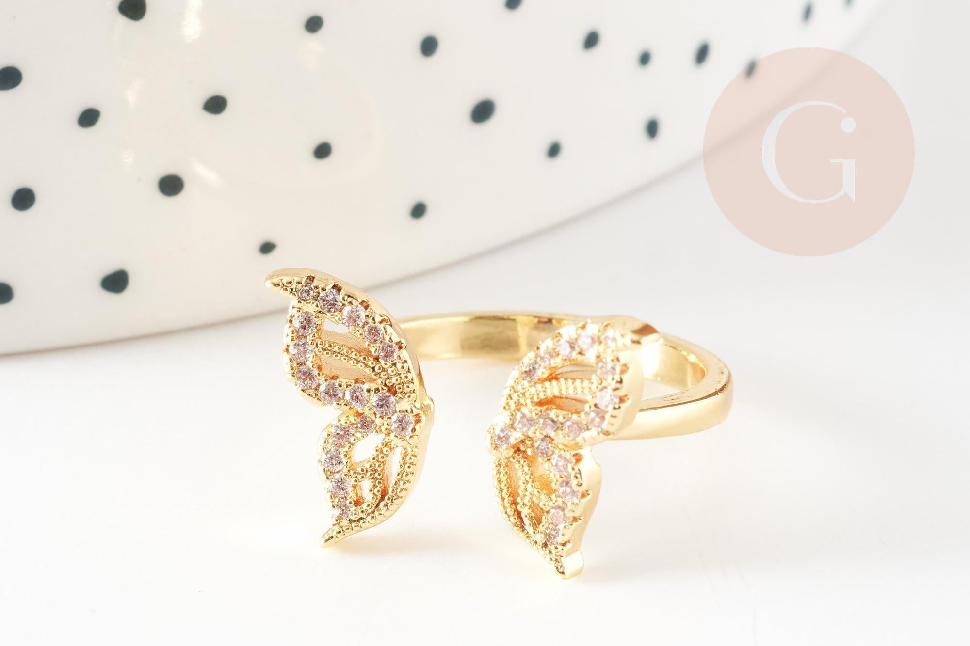 Bague réglable laiton doré papillon zircon 17.1mm, x1 (G4354)