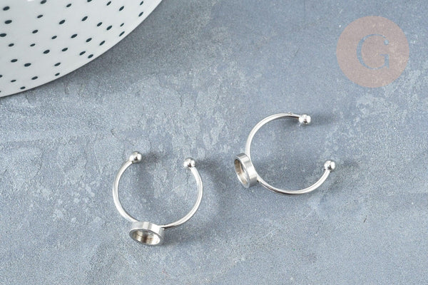 Bague réglable pour cabochon 6mm acier platine inoxydable 18mm, x1 (G8149)