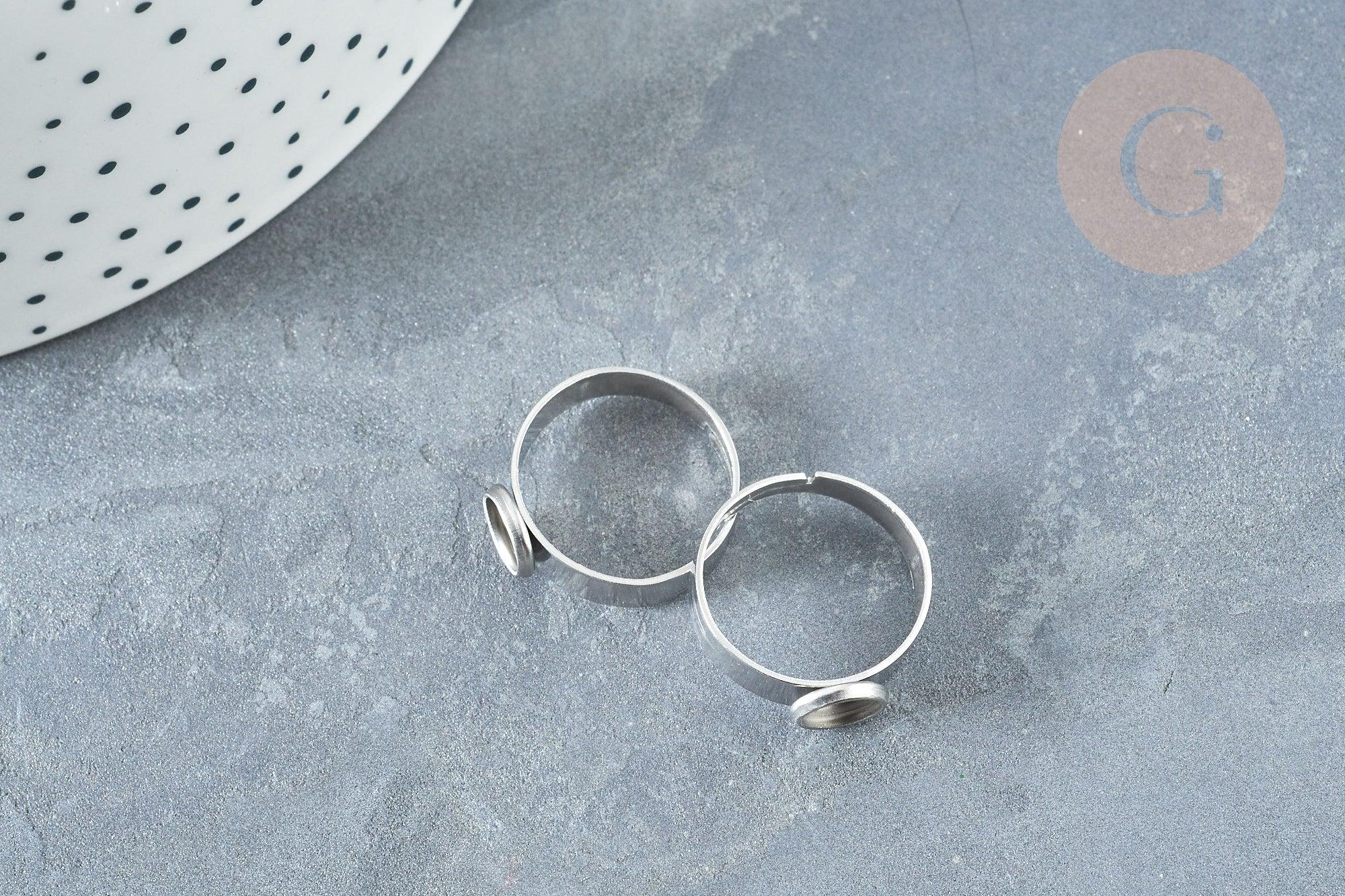 Bague réglable pour cabochon 6mm en acier platine inoxydable 17-18mm, x2 (G8227)