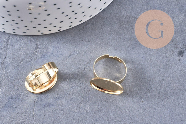 Bague réglable pour cabochon ovale 18.5x13.5mm en acier doré inoxydable 17mm, x2 (G4319)