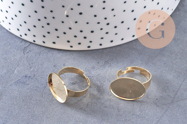 Bague réglable pour cabochon ovale 18.5x13.5mm en acier doré inoxydable 17mm, x2 (G4319)