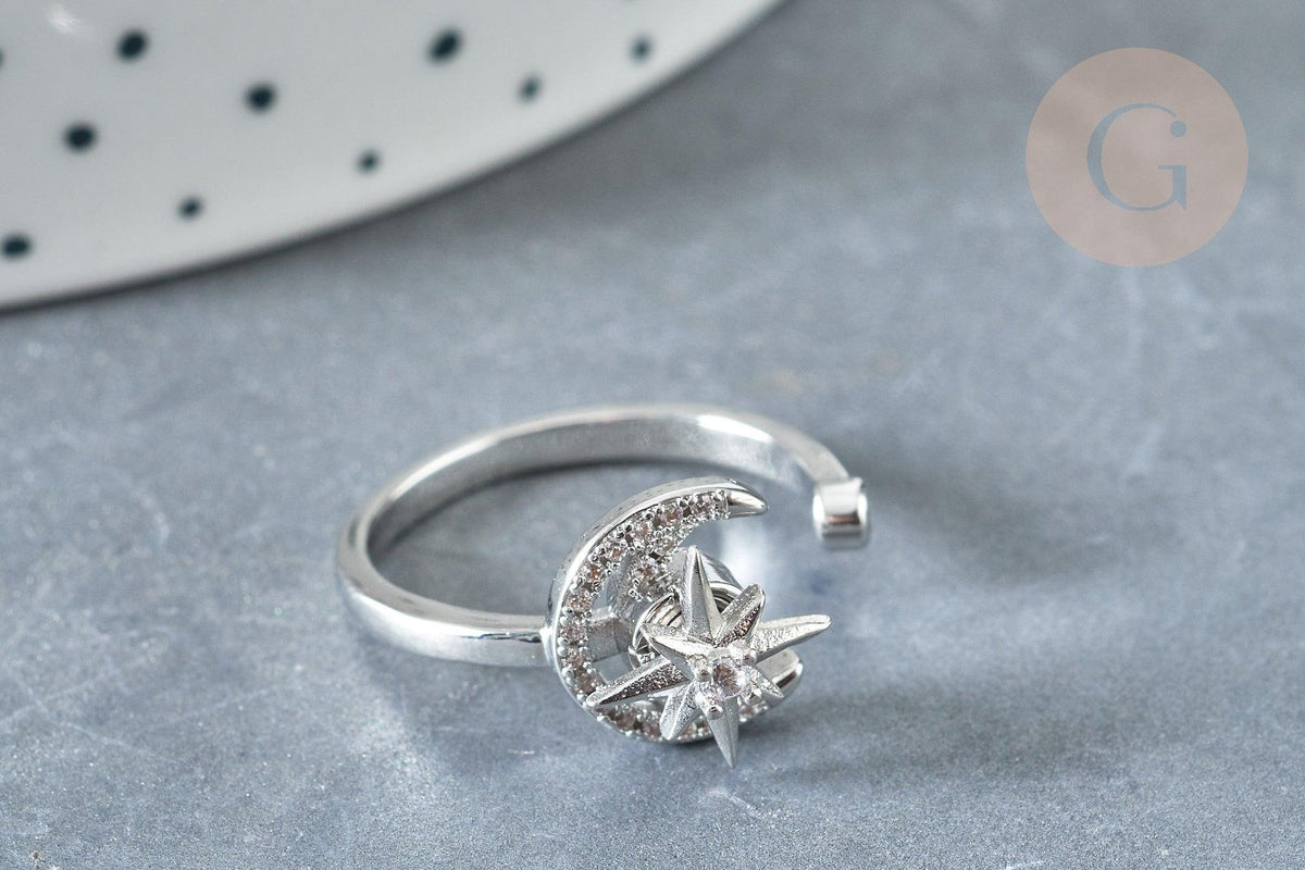 Bague réglable rotative lune étoile laiton platine zircon blanc 18mm, x1 (G8031)