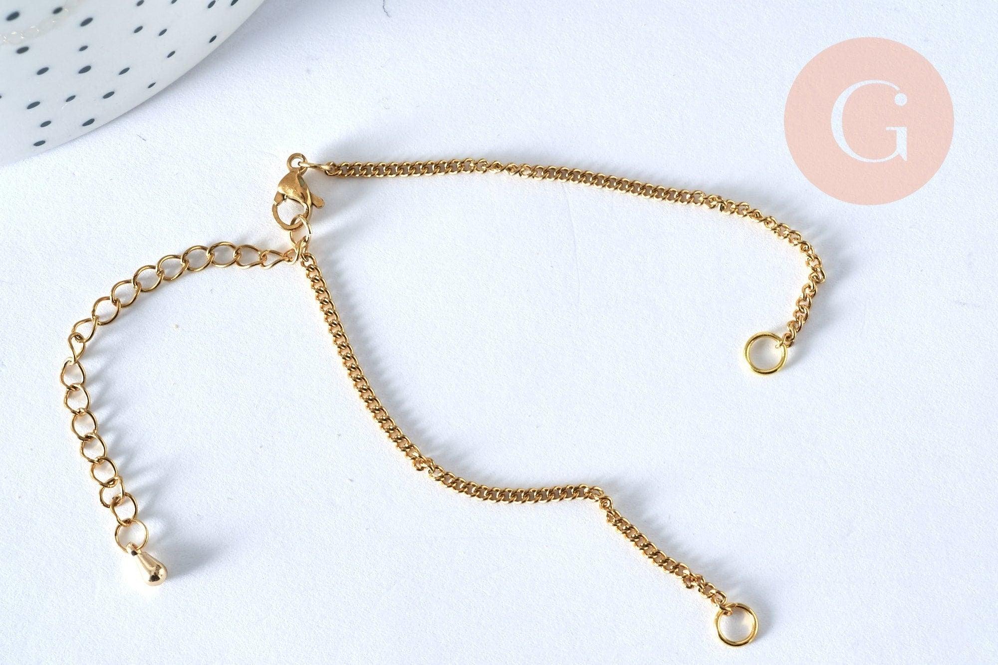 Base de bracelet ajustable maille plate fantaisie or acier 14k 16cm, sans nickel, bracelet doré acier inoxydable, x1 G5970