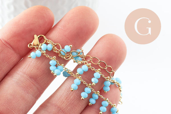 Base de bracelet chaine cheville laiton doré et perles verre turquoise 16.2cm, x1 (G9590)