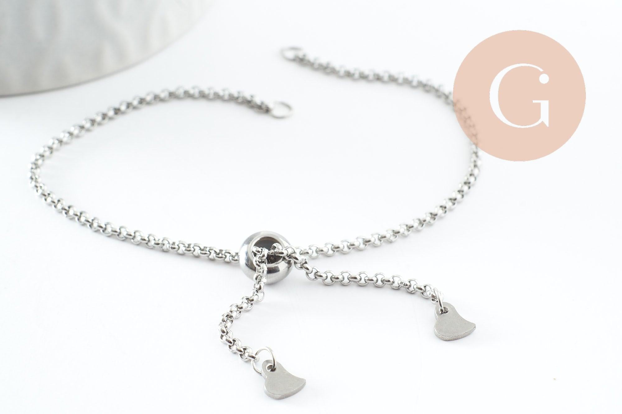 Base de bracelet chaine rolo réglable acier 304 inoxydable platine 25cm, x1 (G9496)