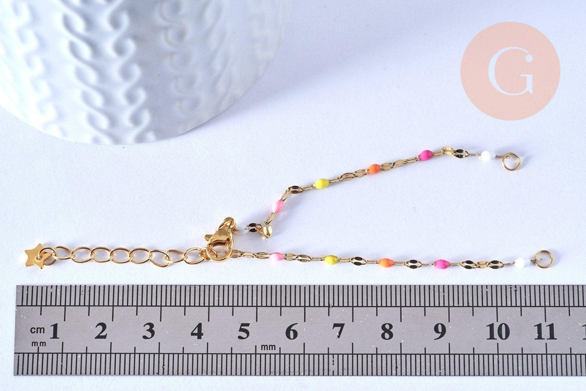 Base de bracelet fin acier inoxydable doré 14k résine multicolore rose avec anneaux 16.5mm, x1 (G5807)