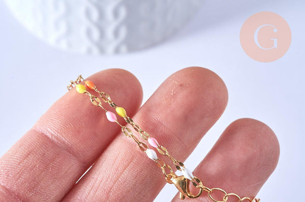 Base de bracelet fin acier inoxydable doré 14k résine multicolore rose avec anneaux 16.5mm, x1 (G5807)