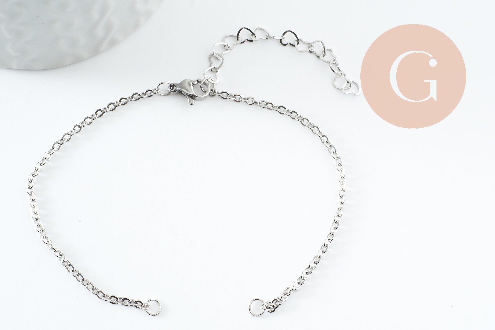 Base de bracelet maille forçat acier inoxydable 304 platine avec anneaux et chaine d'extension coeurs 18mm, x1 (G9499)