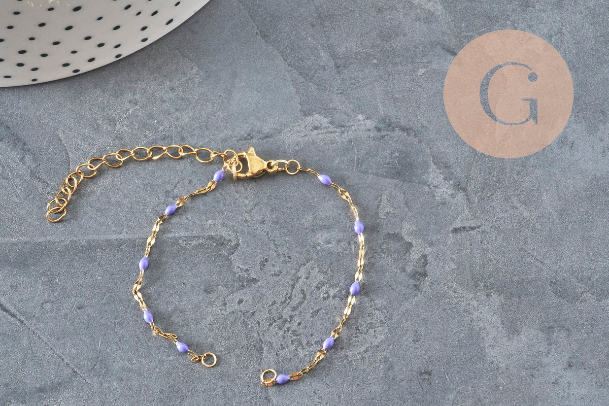 Base de bracelet réglable chaine résine violette acier 304 inoxydable doré 14.3cm, x1 (G11364)-Bracelets-Gingerlily Perles