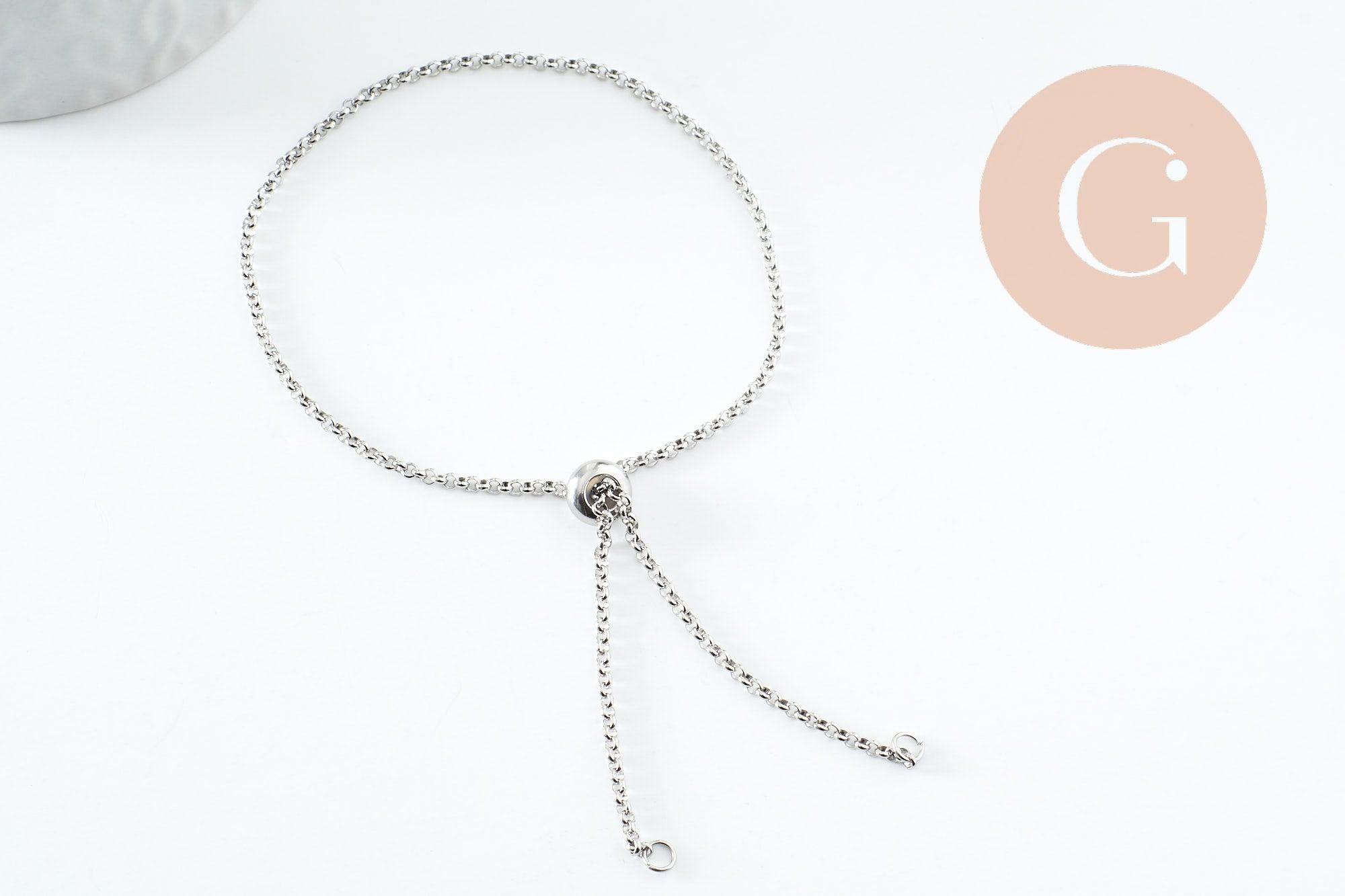 Base de bracelet réglable chaine rolo acier inoxydable platine 2mm/ 30.5cm, x1 (G9492)