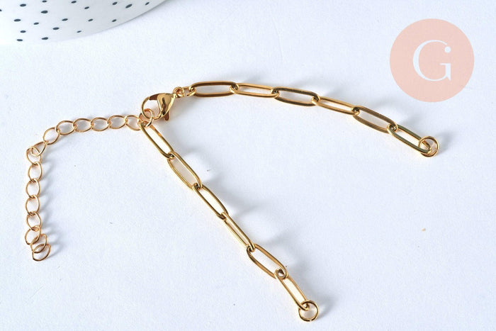 Base de bracelet réglable maille trombone fantaisie or acier 304 inoxydable 14k 14.5cm, bracelet or acier inoxydable, x1 (G5972)