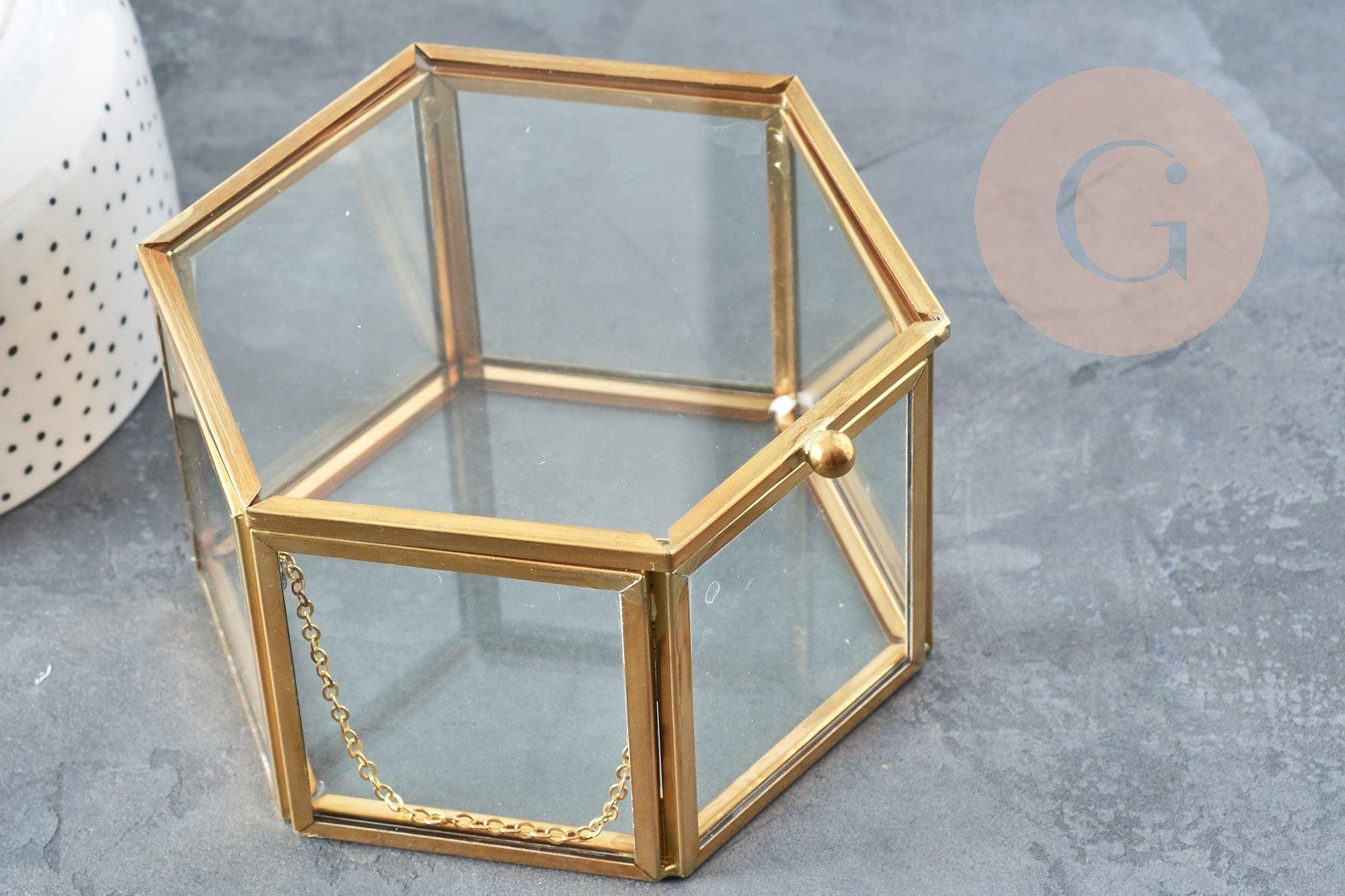Boite à bijoux hexagone verre et laiton 111mm, x1 (G5083)