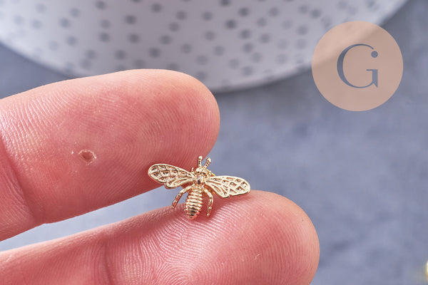 Boucles abeille doré laiton 18k tige argent 925 14mm, la paire (G2500)