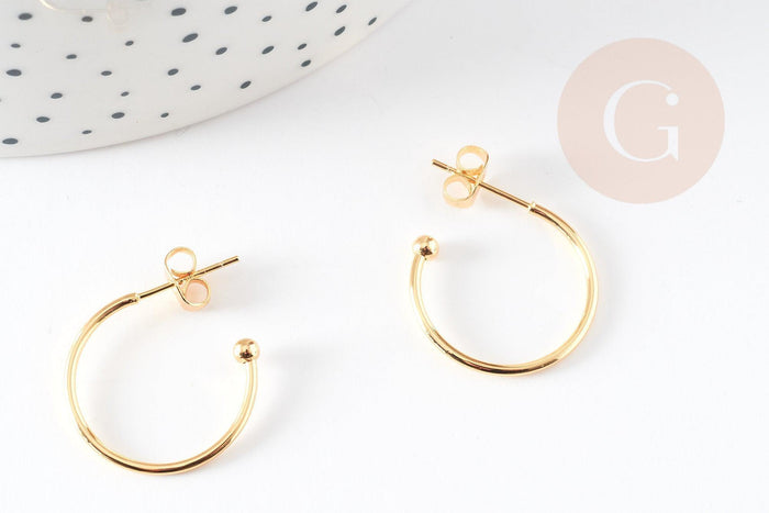 Boucles d'oreilles Anneau demi-créole puce doré 18k tige argent 925 23mm, x2 (G3582)