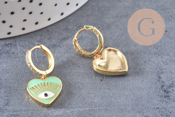 Boucles d'oreilles coeur oeil protecteur émail coloré laiton doré, la paire (G3775)