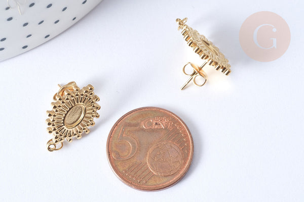 Boucles d'oreilles ovales puce acier 304 inoxydable doré cabochon 20x14mm, la paire (G7856)