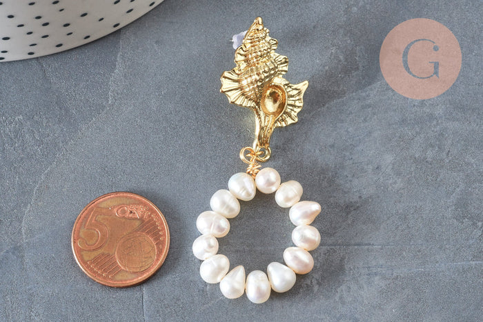 Boucles d'oreilles perles eau douce support coquillage laiton doré 45mm, la paire (G3206)