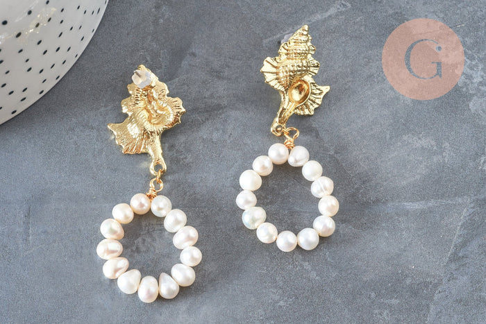 Boucles d'oreilles perles eau douce support coquillage laiton doré 45mm, la paire (G3206)