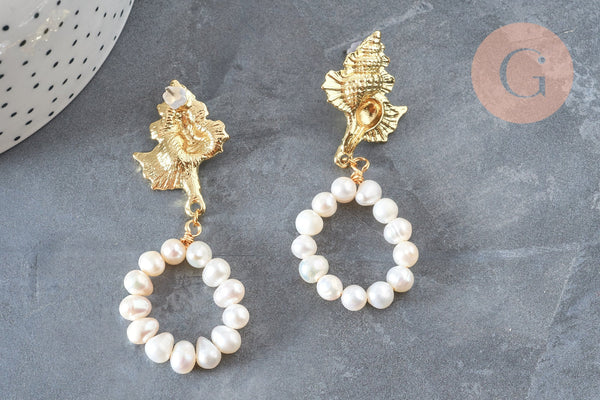 Boucles d'oreilles perles eau douce support coquillage laiton doré 45mm, la paire (G3206)