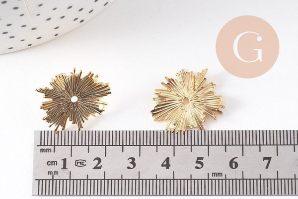 Boucles d'oreilles puce rayons de soleil texturé laiton doré 18K 22mm, la paire (G10476)