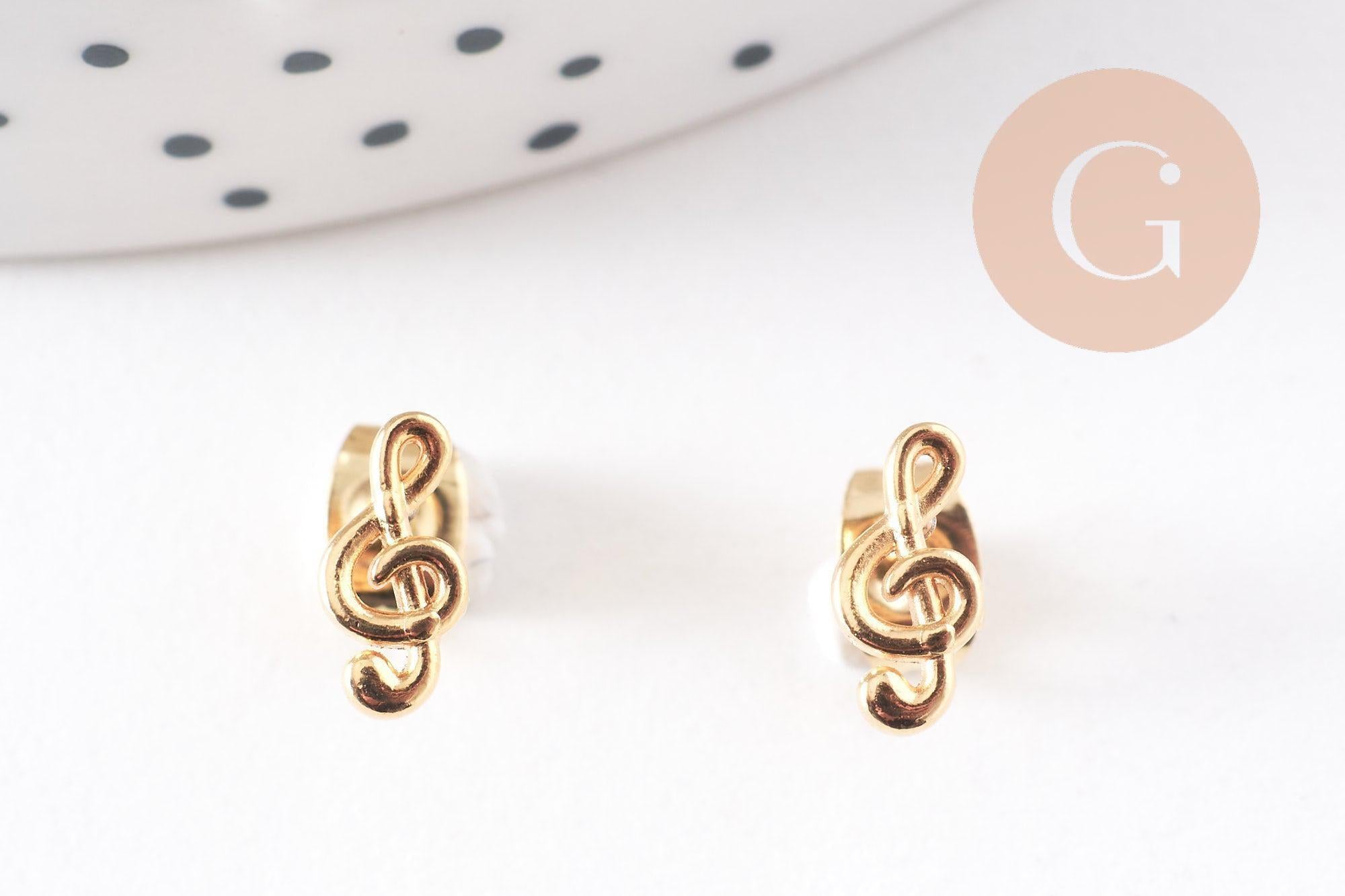 Boucles puces acier 316 inoxydable doré clef de sol 9mm, la paire (G10237)