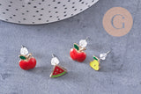Boucles puces laiton doré email fruit, x4 (G10579)