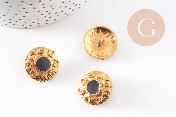 Bouton ancien rond or et émail noir baroque 23mm, x1 (G10151)