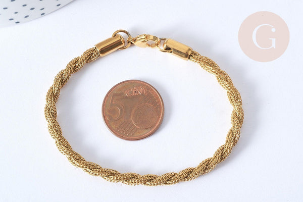 Bracelet Chaines torsadées acier 304 inoxydable doré 17.8cm, x1 (G7791)