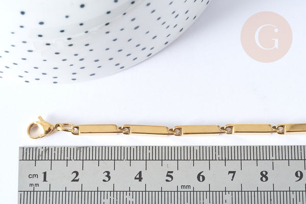Bracelet Rectangle lisse acier 304 inoxydable doré IP, 21,5cm, sans nickel, x1 (G7825)