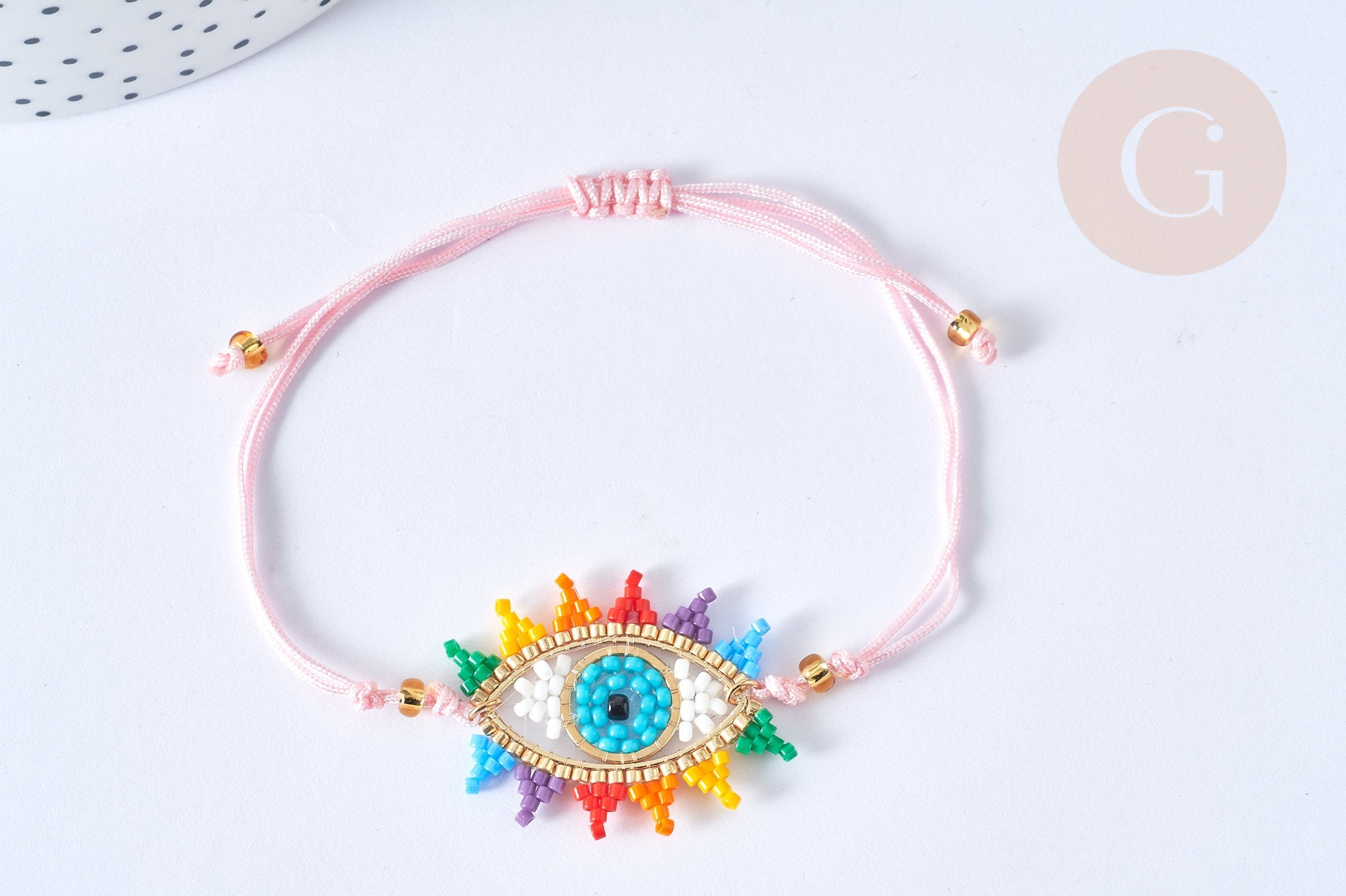 Bracelet Réglable cordon nylon perles de rocailles tissées mauvais œil coloré 28cm, bijou chance à offrir, bracelet amitié, x1 (G7945)