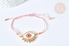 Bracelet Réglable losange mauvais œil rose or 28cm cordon nylon perles rocailles tissées , x1 (G7691)