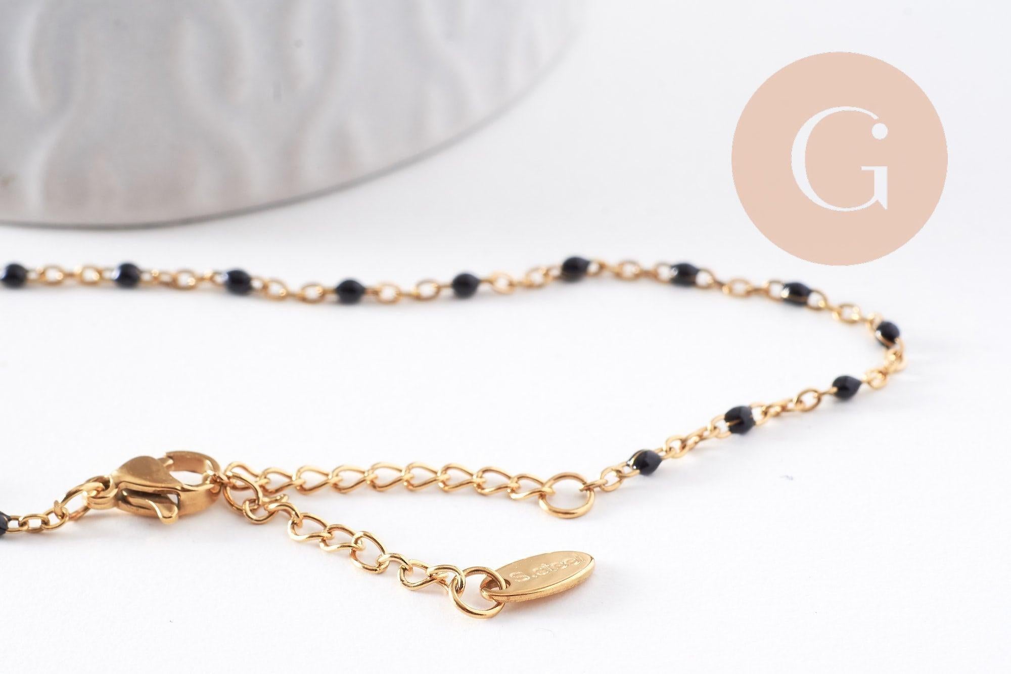 Bracelet acier 304 inoxydable doré 14k résine noire 1.5mm-20.5cm, x1 (G3382)