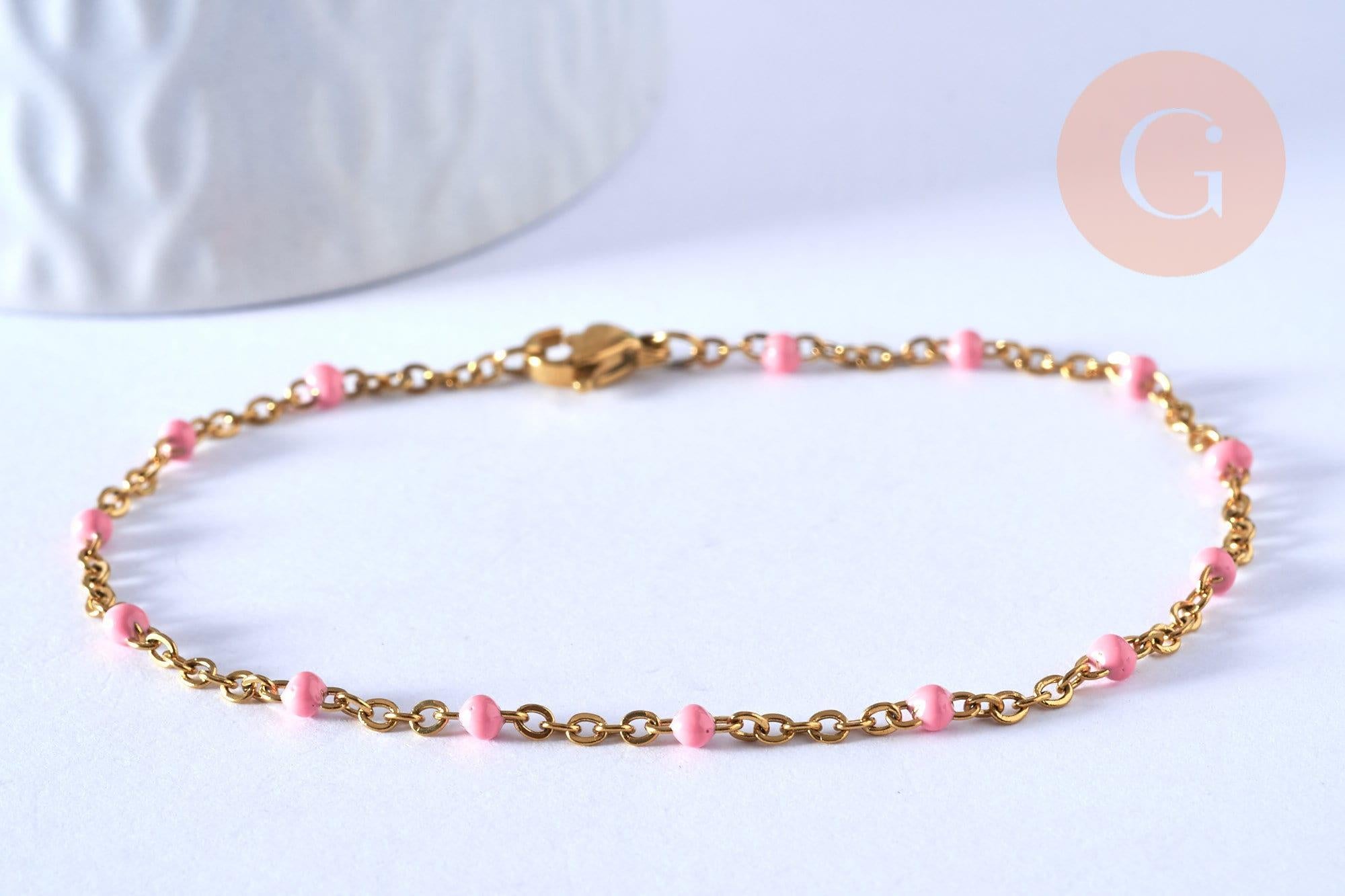 Bracelet ou collier acier doré 14k résine rose 1.5mm,20.5cm, x1 (G3602)