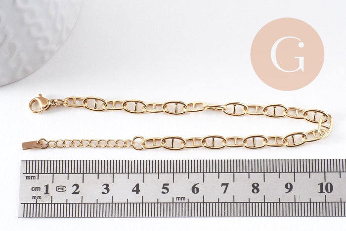 Bracelet chaine maille marine acier 304 inoxydable doré IP 14k 16.7cm, x1 (G10348)