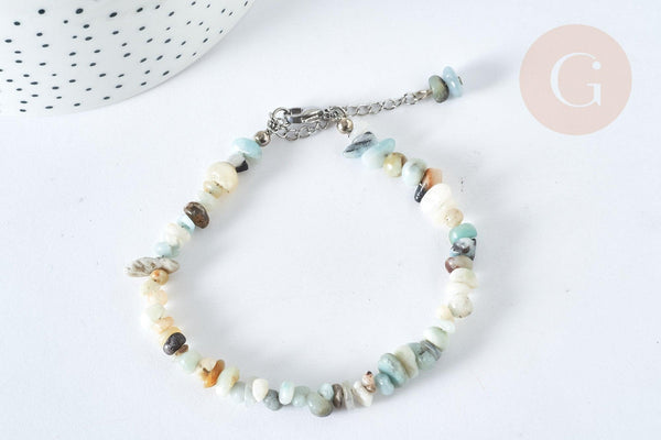 Bracelet de cheville perles amazonite naturelle laiton et acier inxoydable platine 21.5cm, x1 (G7792)