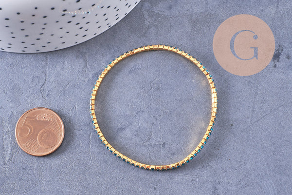 Bracelet élastique laiton doré strass bleu 50mm, x1 (G3960)