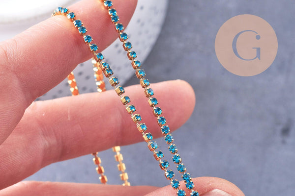 Bracelet élastique laiton doré strass bleu 50mm, x1 (G3960)