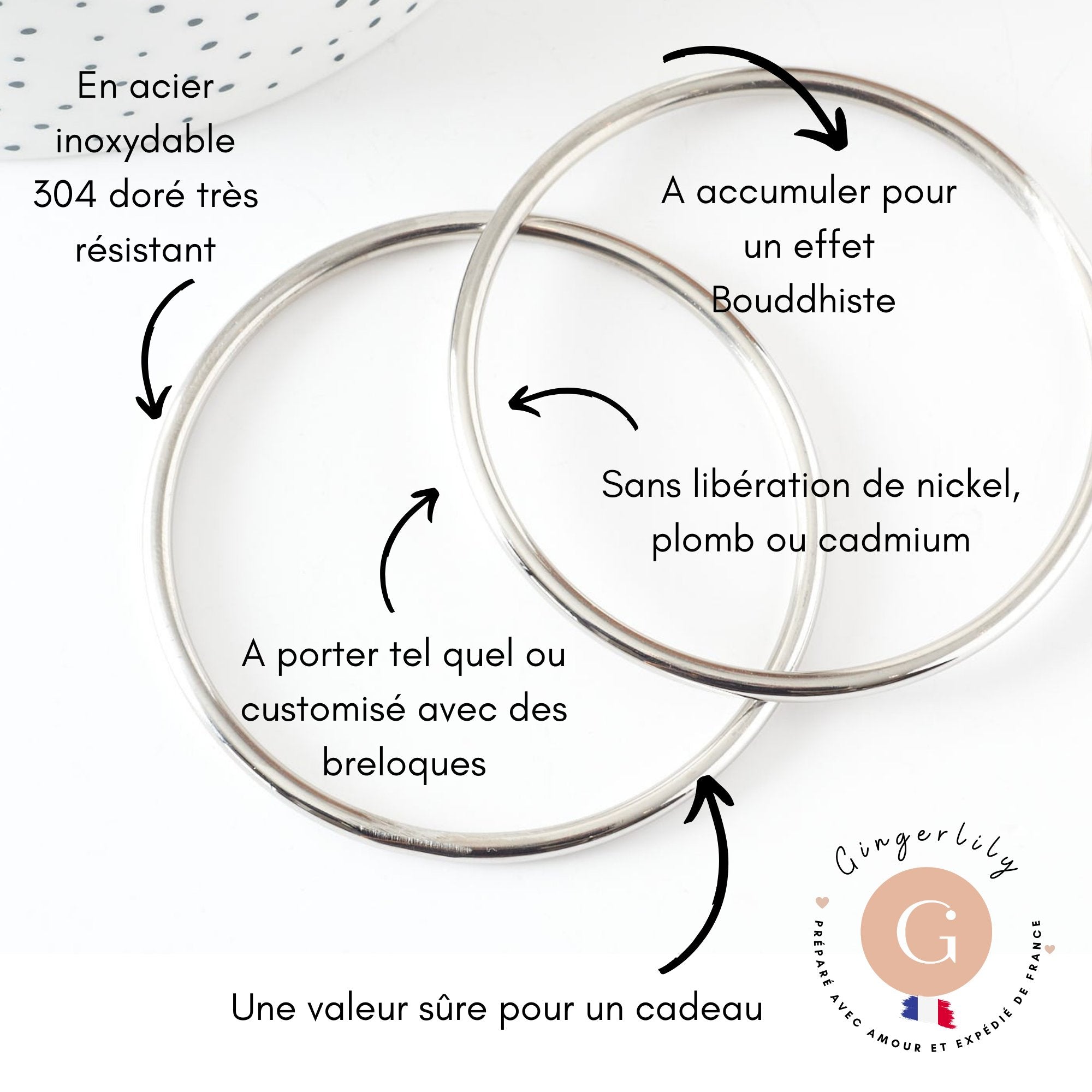 Bracelet jonc lisse rond 3mm acier 304 inoxydable platine 65mm,(Légères traces à la jointure) x1 (G9259)