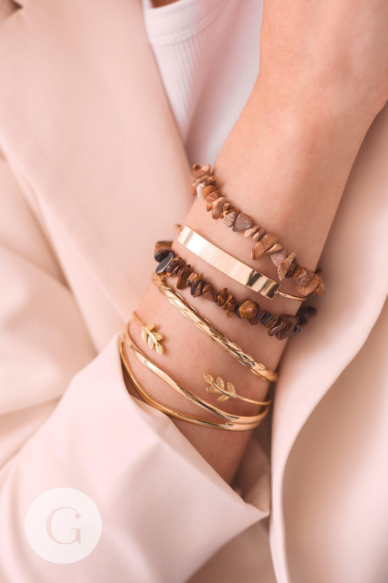 Bracelet jonc ouvert réglable 16k feuille 63mm, x1 (G2199)