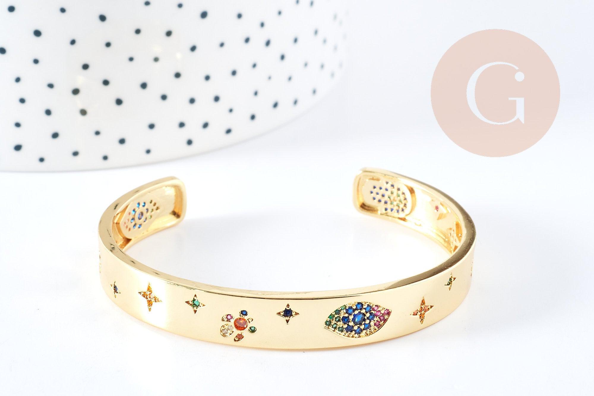 Bracelet jonc réglable doré 16k zircons oeil protecteur 60x48mm, x1 (G4258)