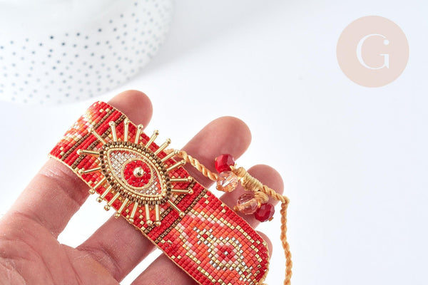 Bracelet manchette Réglable oeil protecteur cordon nylon perles rocailles tissées rouge 28cm, bijou chance à offrir, bracelet amitié, x1 (G7635)